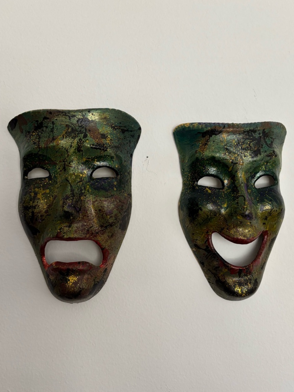 Vintage Solid Brass Theater Comedy Masks India signed MSA Abstract Painted Pair